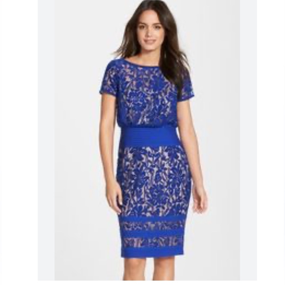 Tadashi Shoji Royal Blue Floral Lace Midi Dress with lining